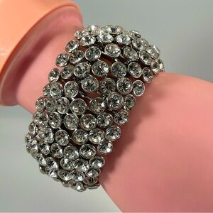 Stretch Bracelet Statement Bold White Glass Rhinestone Silver Tone Boho 6.5”